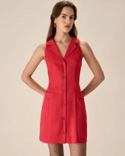 Red Collared Pocket Button Mini Dress