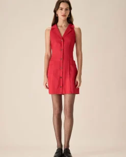Red Collared Pocket Button Mini Dress