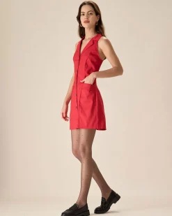 Red Collared Pocket Button Mini Dress