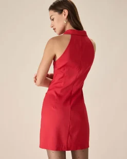 Red Collared Pocket Button Mini Dress