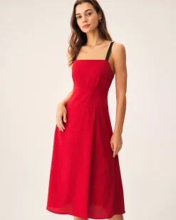 Red Contrast Slit Slip Midi Dress