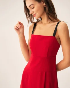 Red Contrast Slit Slip Midi Dress