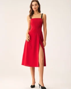 Red Contrast Slit Slip Midi Dress