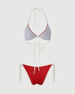 Red Contrasting Halter Triangle Bikini Set