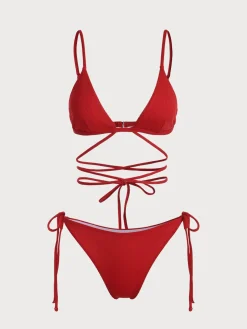 Red Criss-Cross Ribbed Bikini Set