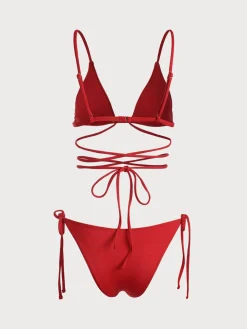 Red Criss-Cross Ribbed Bikini Set