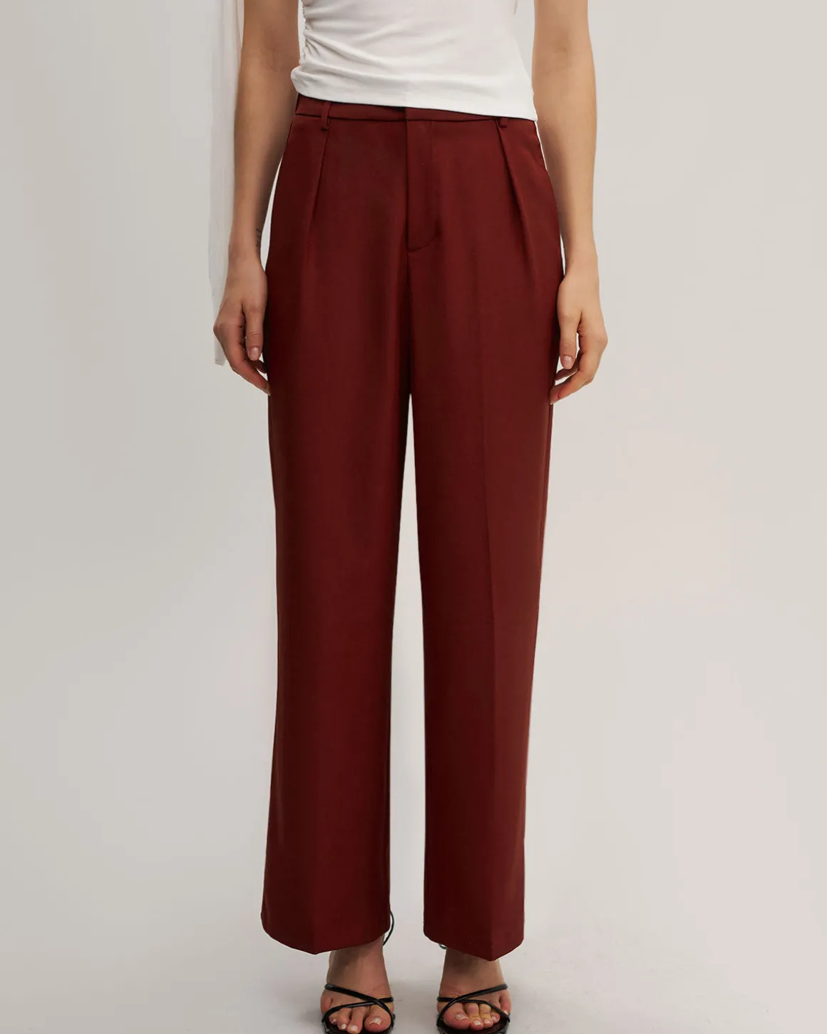 Red Elastic Waist Straight Pants