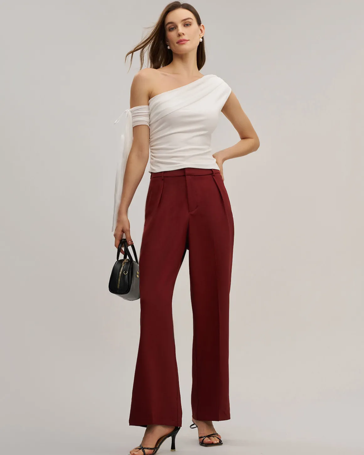 Red Elastic Waist Straight Pants