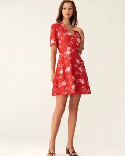 Red Floral A-Line Wrap Mini Dress