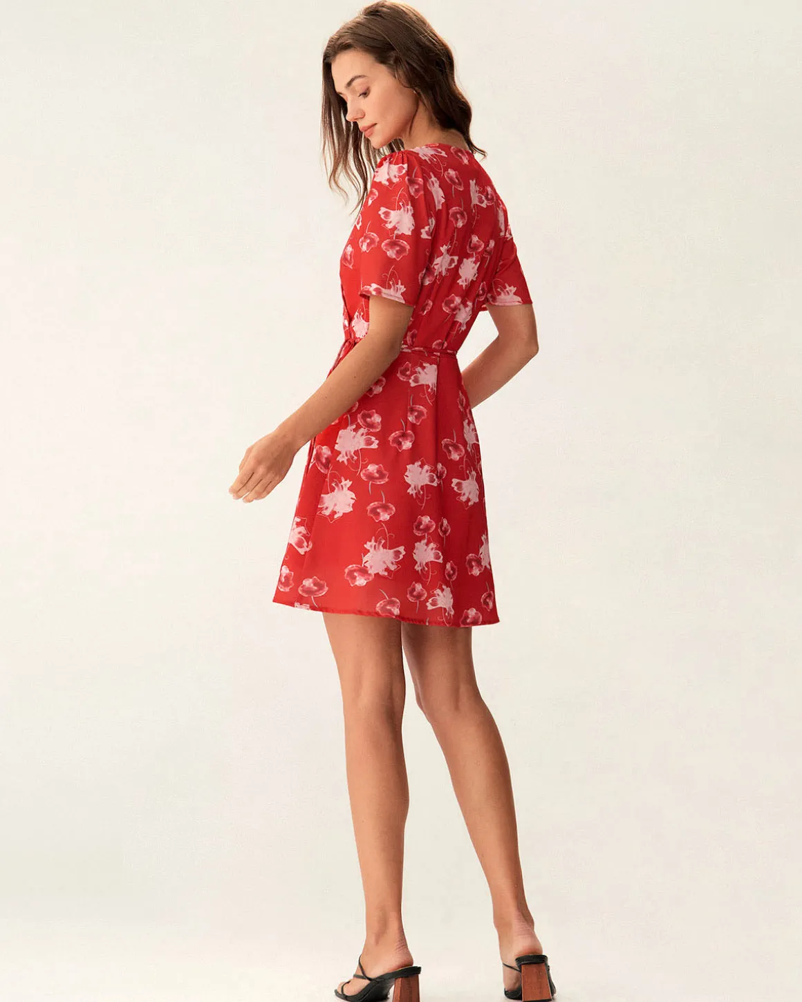 Red Floral A-Line Wrap Mini Dress