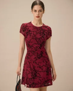 Red Floral Boat Neck Mini Dress