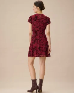 Red Floral Boat Neck Mini Dress