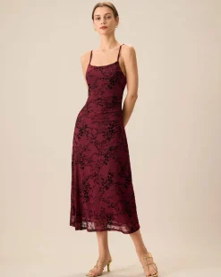 Red Floral Bodycon Slip Midi Dress