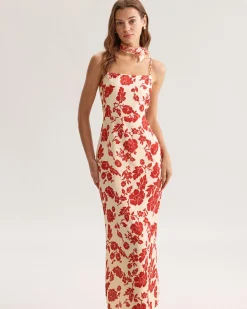 Red Floral Bodycon Slip Maxi Dress