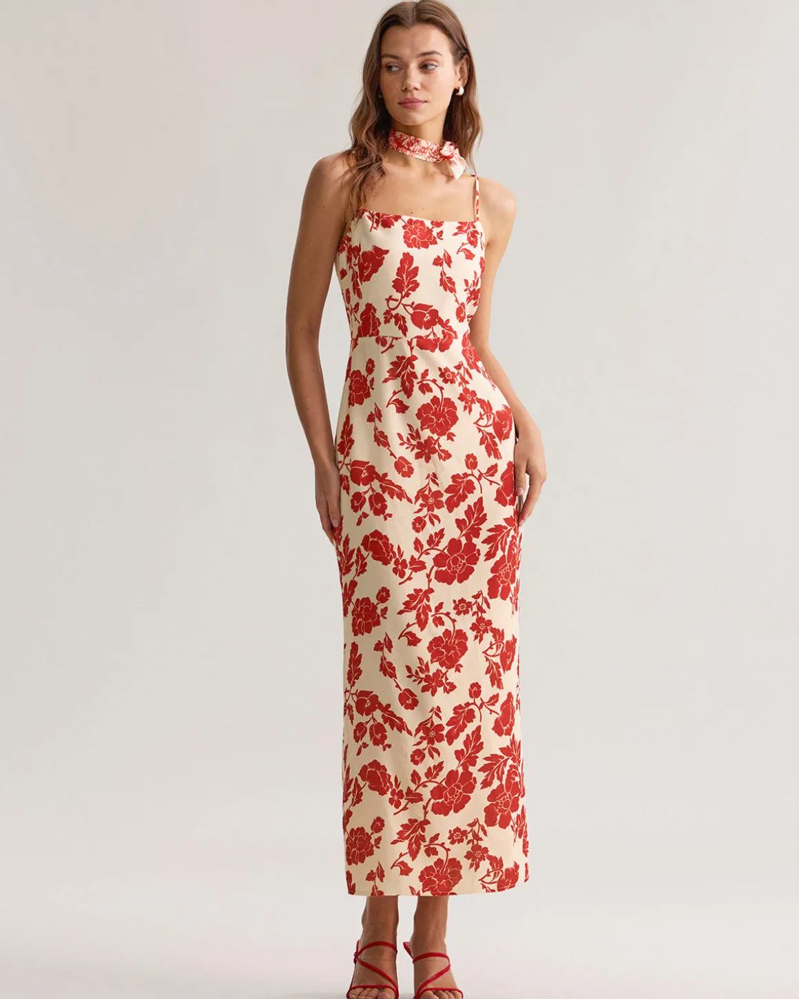 Red Floral Bodycon Slip Maxi Dress
