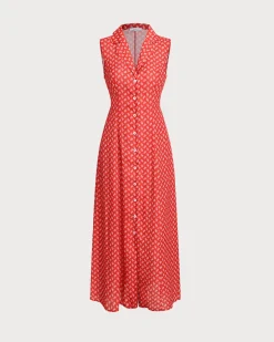 Red Floral Button Sleeveless Maxi Dress
