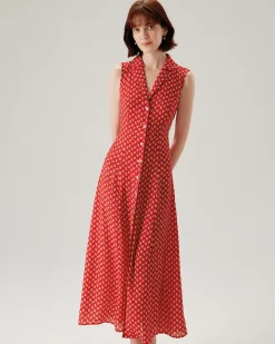 Red Floral Button Sleeveless Maxi Dress