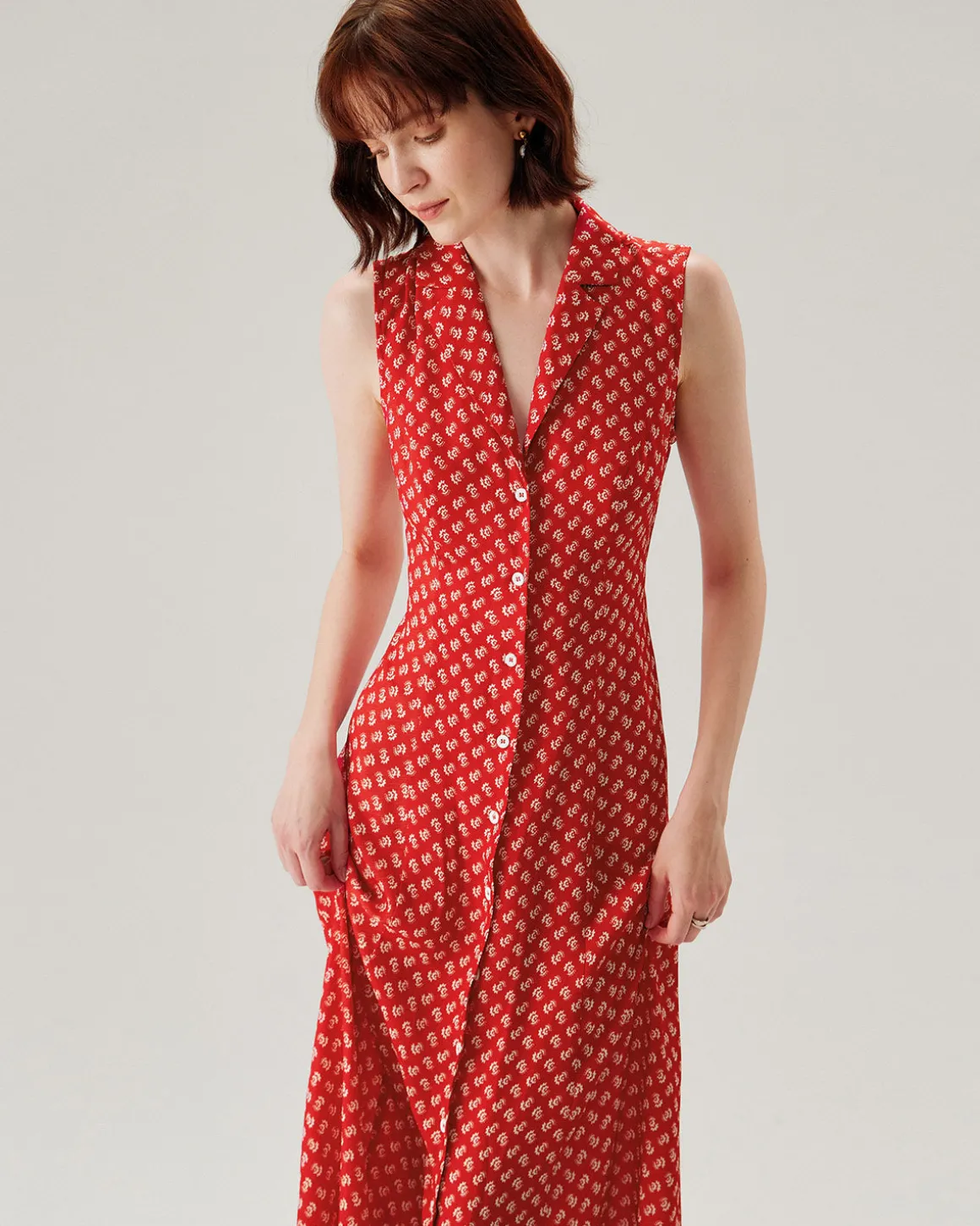 Red Floral Button Sleeveless Maxi Dress