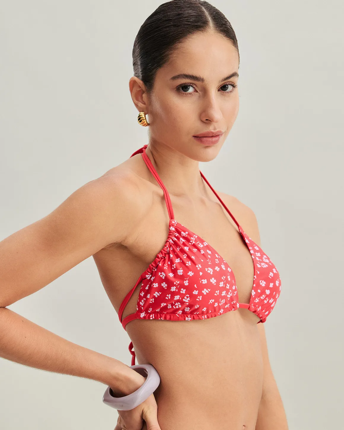 Red Floral Drawstring Triangle Bikini Set