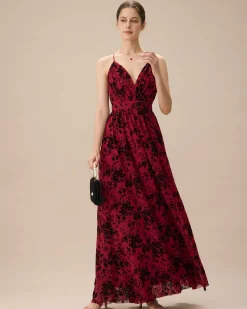 Red Floral Flocked Mesh Slit Maxi Dress