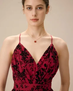 Red Floral Flocked Mesh Slit Maxi Dress