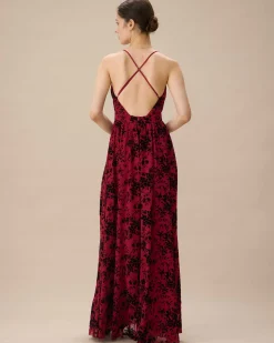 Red Floral Flocked Mesh Slit Maxi Dress