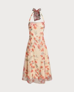 Red Floral Ruched Halter Maxi Dress