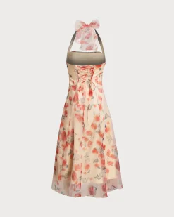 Red Floral Ruched Halter Maxi Dress