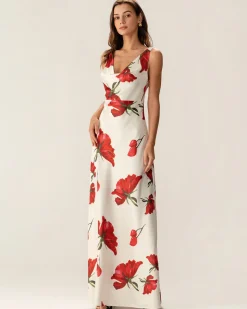 Red Floral Satin Slip Maxi Dress