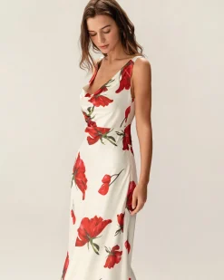 Red Floral Satin Slip Maxi Dress
