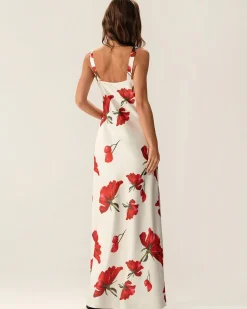 Red Floral Satin Slip Maxi Dress