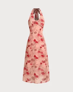 Red Floral Shirred Halter Maxi Dress