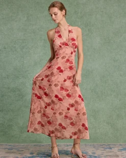 Red Floral Shirred Halter Maxi Dress