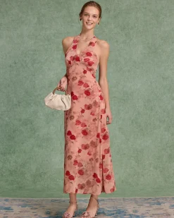 Red Floral Shirred Halter Maxi Dress