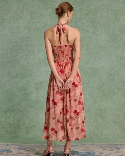 Red Floral Shirred Halter Maxi Dress