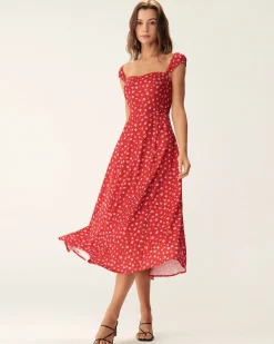 Red Floral Sweetheart Neck Cap Sleeve Midi Dress