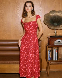 Red Floral Sweetheart Neck Cap Sleeve Midi Dress