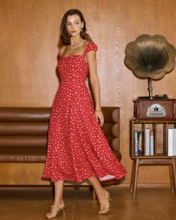 Red Floral Sweetheart Neck Cap Sleeve Midi Dress