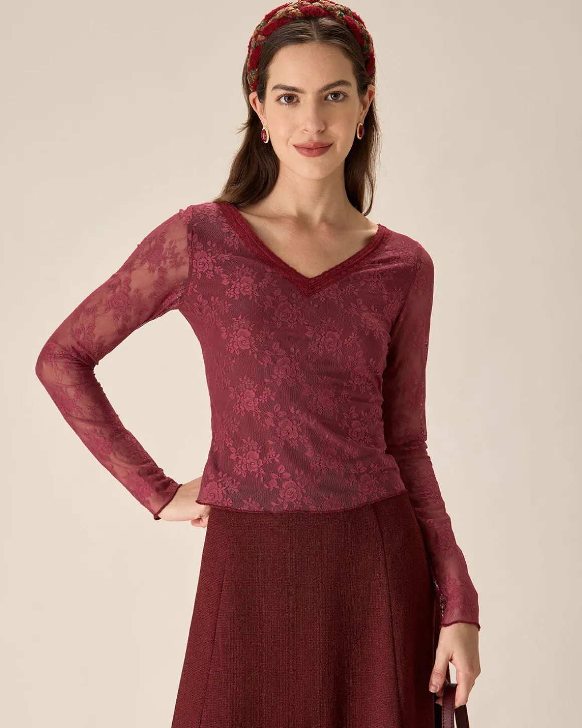 Red Floral V-Neck See-Through Lace Tee