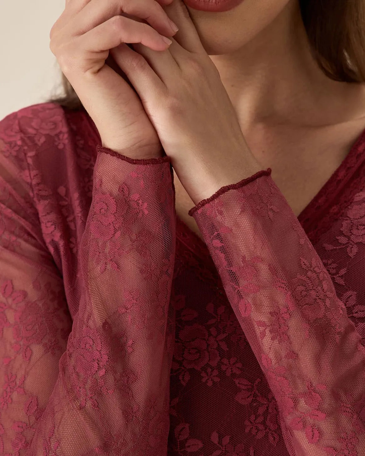 Red Floral V-Neck See-Through Lace Tee