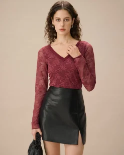 Red Floral V-Neck See-Through Lace Tee