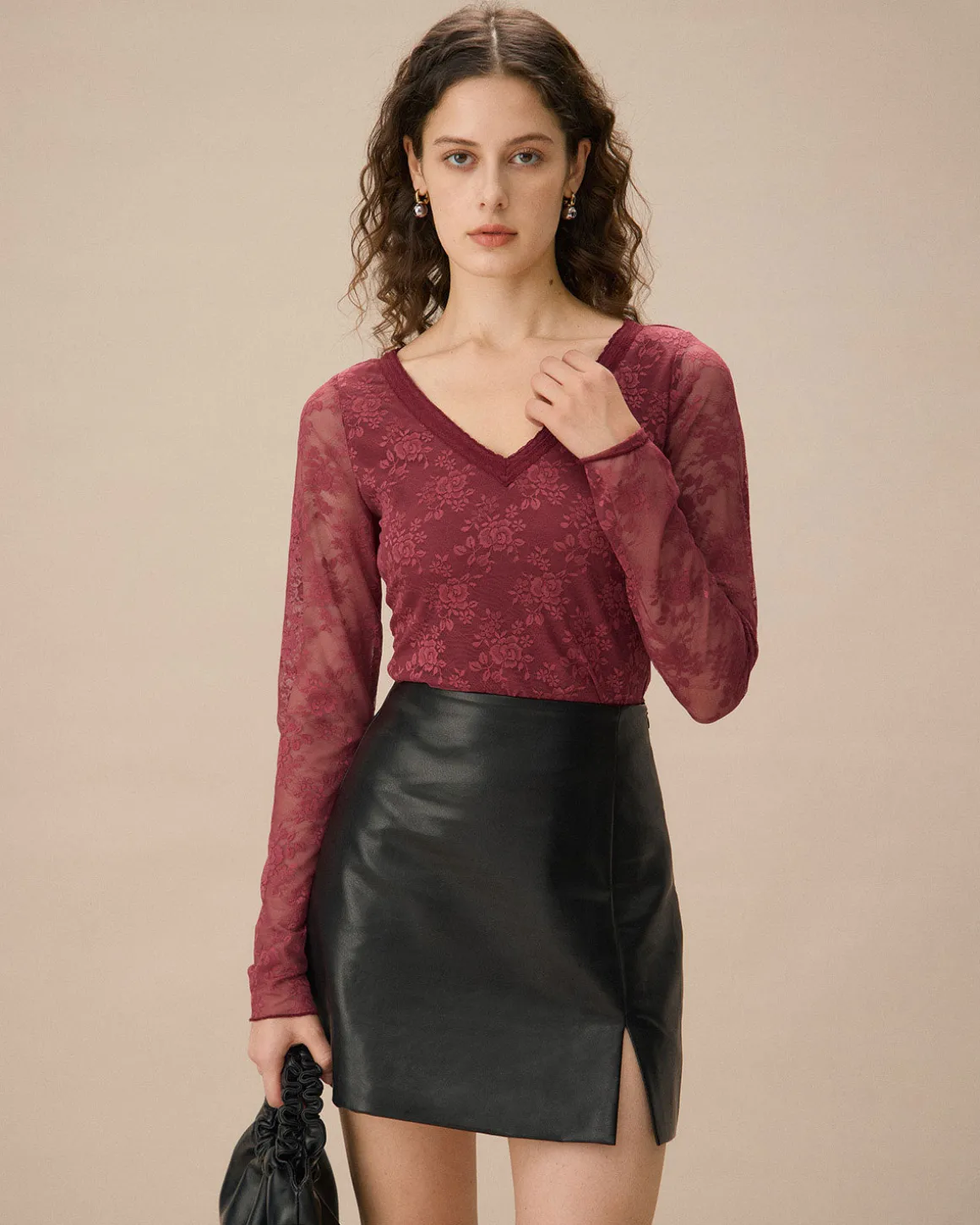 Red Floral V-Neck See-Through Lace Tee