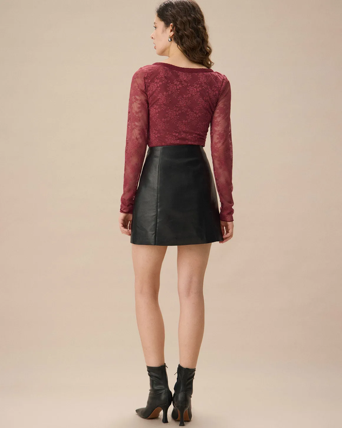 Red Floral V-Neck See-Through Lace Tee