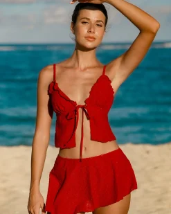 Red Front Tie Tankini Three-Piece Tankini Set