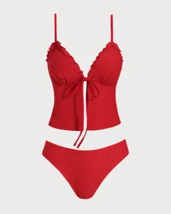 Red Front Tie Tankini Three-Piece Tankini Set