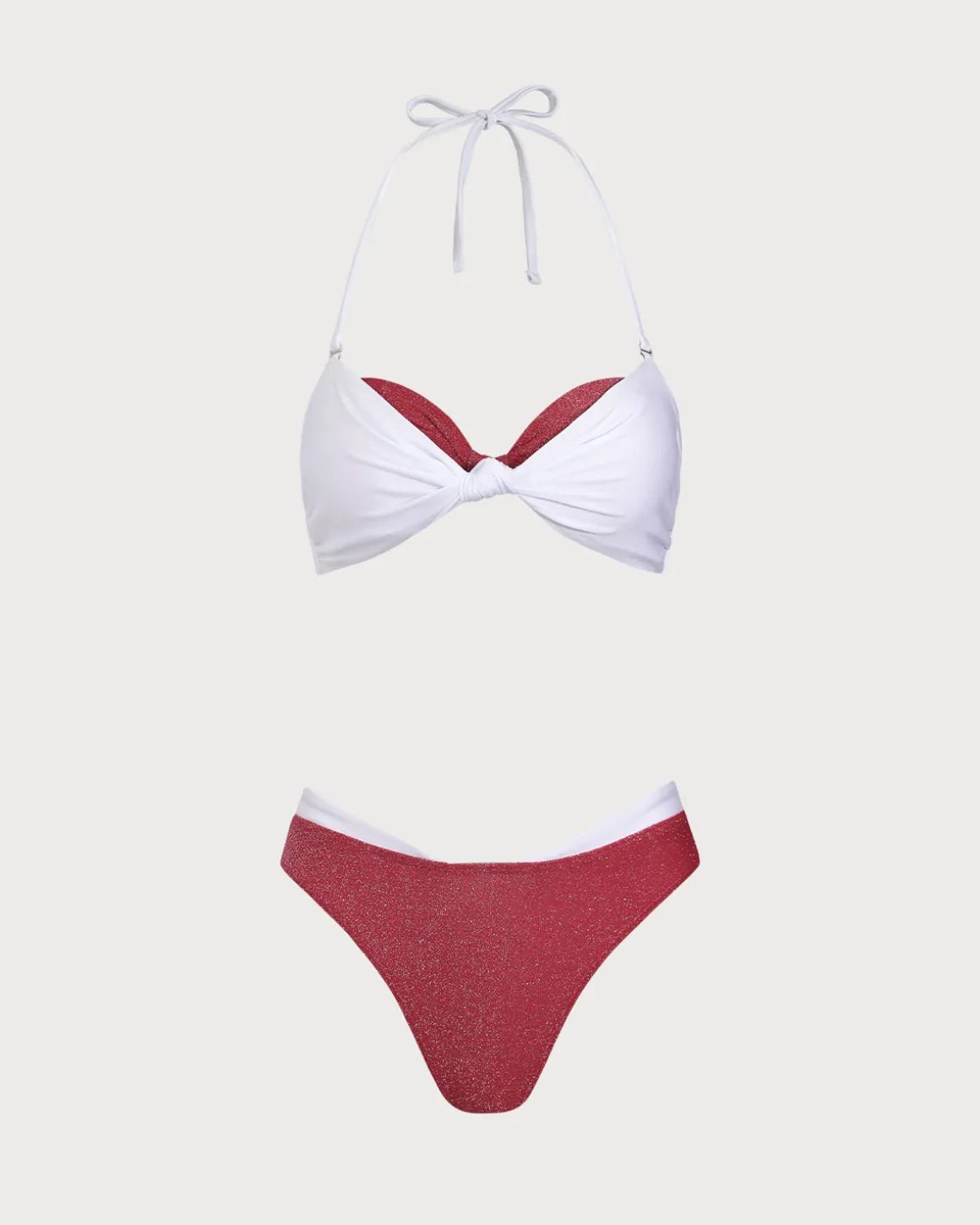 Red Knit Contrast Color Fake Two Piece Bikini Set