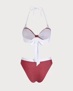 Red Knit Contrast Color Fake Two Piece Bikini Set