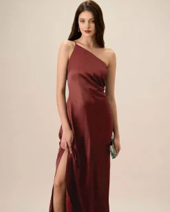 Red One-shoulder Satin Maxi Dress