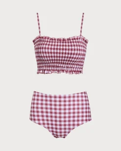 Red Plaid Bandeau Bikini Set