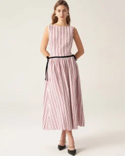 Red Plaid Boat Neck Midi Dress